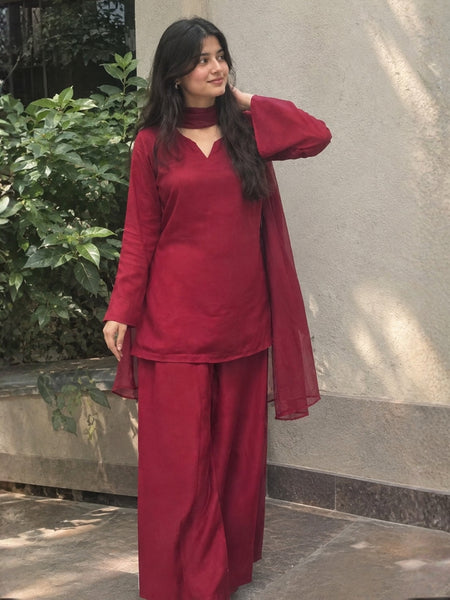 Maroon Straight Kurta Palazzo Set with Sheer Dupatta
