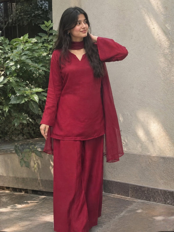 Maroon Straight Kurta Palazzo Set with Sheer Dupatta