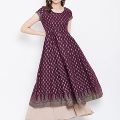 Poshak Hub Women Purple Cotton Golden Printed Anarkali Kurta.