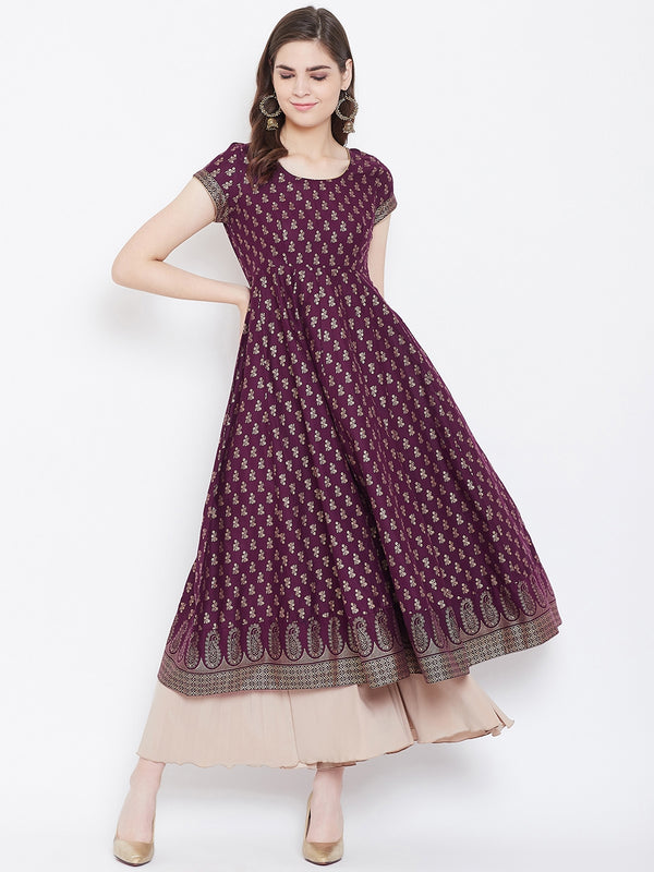 Poshak Hub Women Purple Cotton Golden Printed Anarkali Kurta.