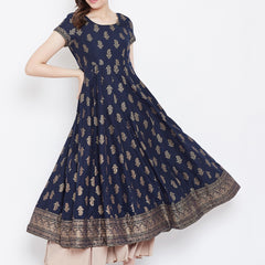 Poshak Hub Women Blue Cotton Golden Printed Anarkali Kurta.