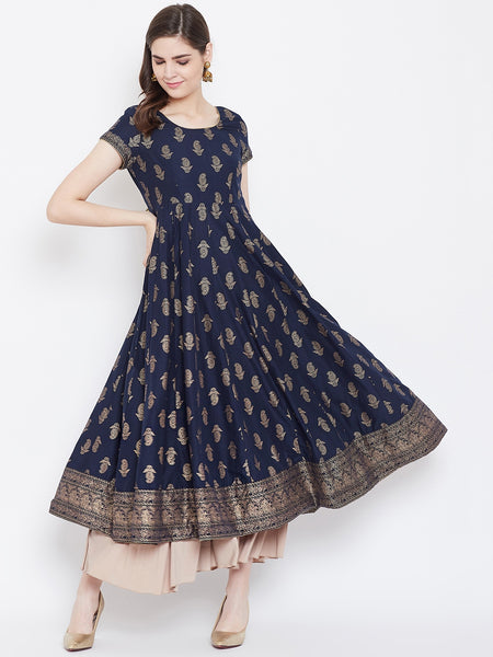 Poshak Hub Women Blue Cotton Golden Printed Anarkali Kurta.