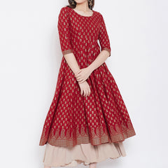 Poshak Hub Women Red Cotton Golden Printed Anarkali Kurta.