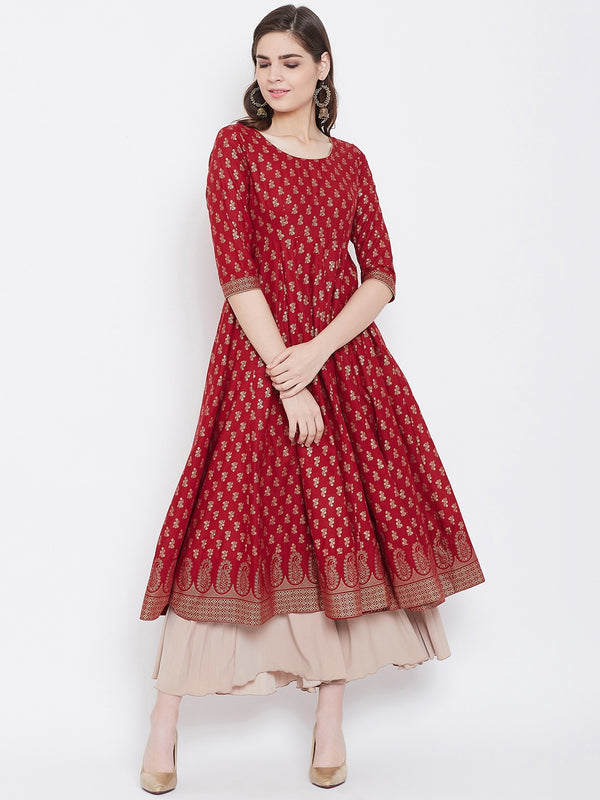 Poshak Hub Women Red Cotton Golden Printed Anarkali Kurta.