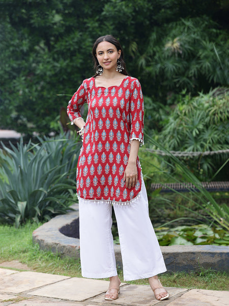 Women Red Ethnic Printed Three-Quarter Sleeve Straight Tunic