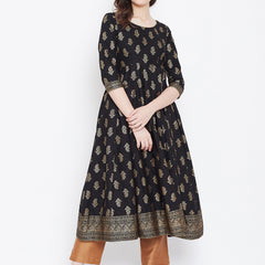 Poshak Hub Women Black Cotton Golden Printed Anarkali Kurta.