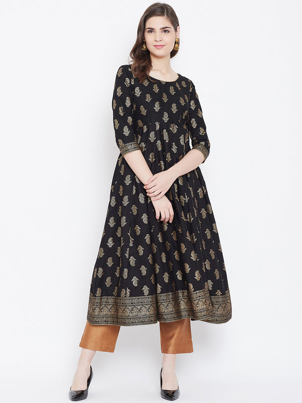 Poshak Hub Women Black Cotton Golden Printed Anarkali Kurta.