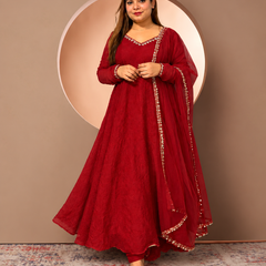 Red Anarkali Suit with Embroidered Neckline & Sheer Embellished Dupatta