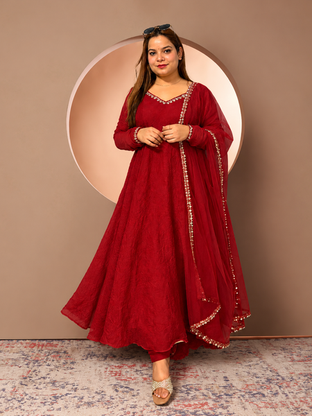 Red Anarkali Suit with Embroidered Neckline & Sheer Embellished Dupatta