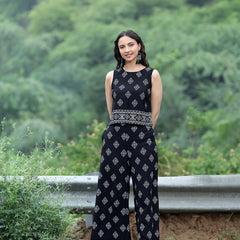 Women Black Rayon Ethnic Printed Sleeveless Top & Wide Leg Trouser Co-Ord Set | Casual Printed Co-Ord