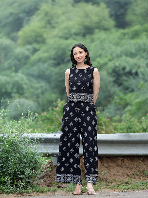 Women Black Rayon Ethnic Printed Sleeveless Top & Wide Leg Trouser Co-Ord Set | Casual Printed Co-Ord