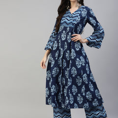 Poshak Hub Women Blue Cotton Printed Front Slit A-Line Kurta with Palazzo