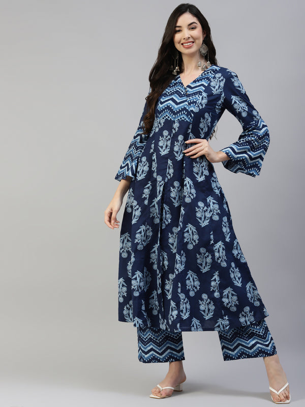 Poshak Hub Women Blue Cotton Printed Front Slit A-Line Kurta with Palazzo