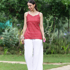 Women Red Ethnic Printed Sleeveless Tunic