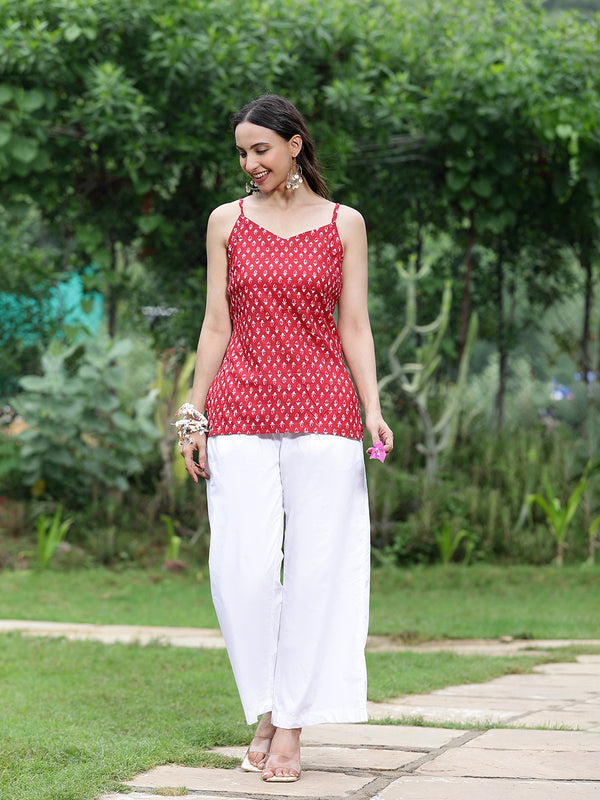 Women Red Ethnic Printed Sleeveless Tunic