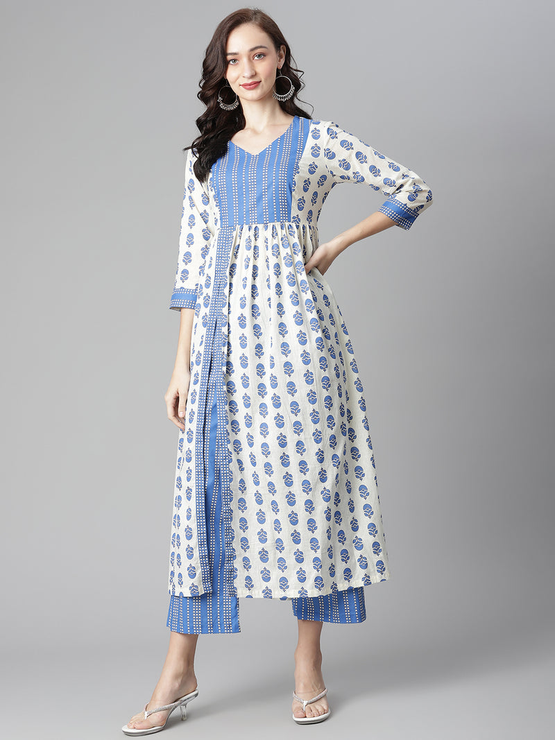 Poshak Hub Women White-Blue Cotton Printed Front Slit A-Line Kurta with Palazzo