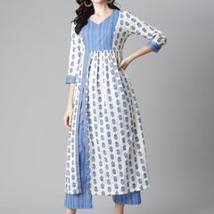 Poshak Hub Women White-Blue Cotton Printed Front Slit A-Line Kurta with Palazzo