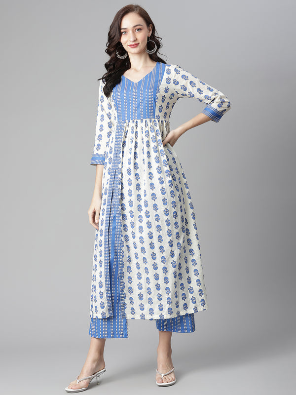 Poshak Hub Women White-Blue Cotton Printed Front Slit A-Line Kurta with Palazzo