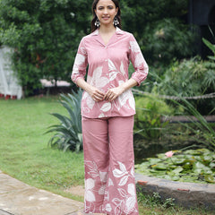 Women Pink Floral Printed Cotton Shirt & Wide Leg Trouser Co-Ord Set