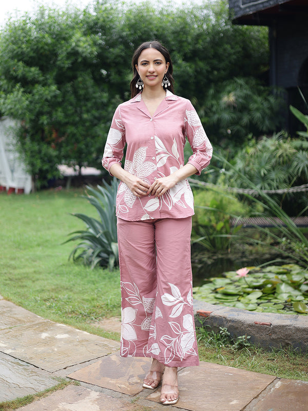 Women Pink Floral Printed Cotton Shirt & Wide Leg Trouser Co-Ord Set