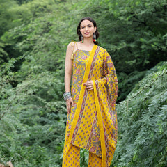 Women Mustard Yellow Floral Printed Straight Kurta with Printed Trousers & Dupatta (Set of 3)