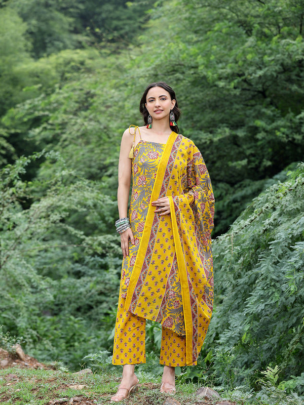 Women Mustard Yellow Floral Printed Straight Kurta with Printed Trousers & Dupatta (Set of 3)