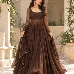 Brown Embellished Anarkali Suit Set with Sheer Sleeves & Matching Dupatta