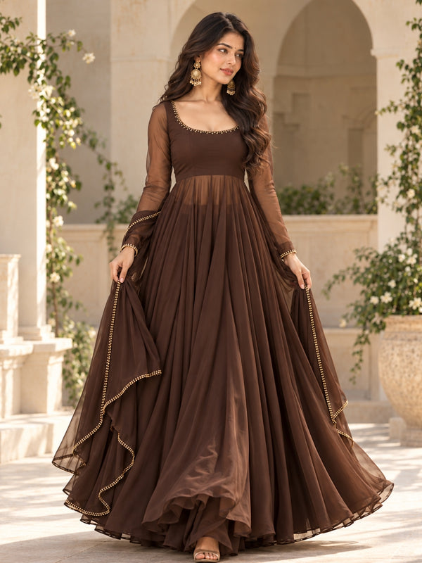 Brown Embellished Anarkali Suit Set with Sheer Sleeves & Matching Dupatta
