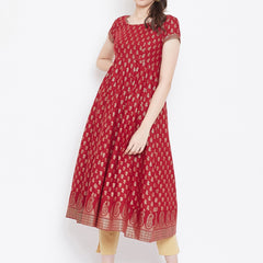 Poshak Hub Women Red Cotton Golden Printed Anarkali Kurta.