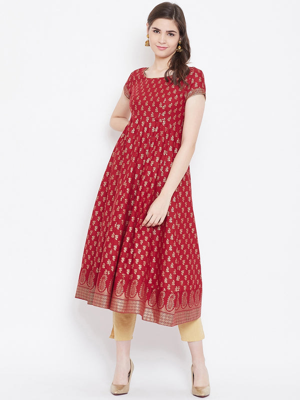 Poshak Hub Women Red Cotton Golden Printed Anarkali Kurta.