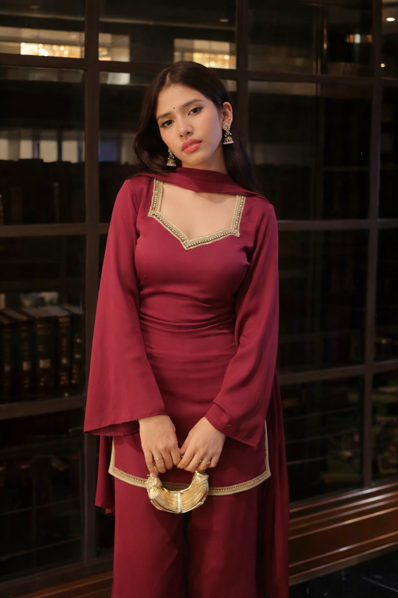 Maroon Kurta with Flared Palazzo Set with Golden Embellished Neckline