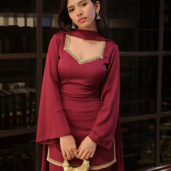 Maroon Kurta with Flared Palazzo Set with Golden Embellished Neckline
