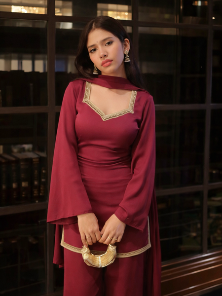 Maroon Kurta with Flared Palazzo Set with Golden Embellished Neckline
