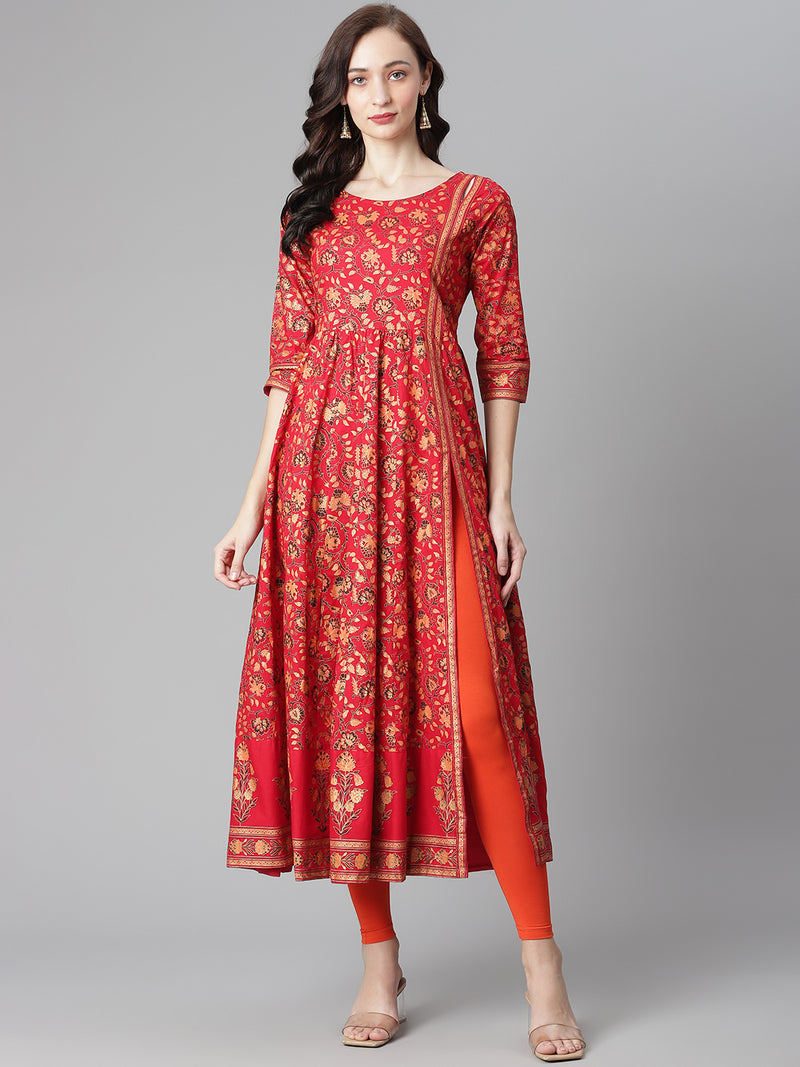 Poshak Hub Women Red Cotton Printed Anarkali Kurta.