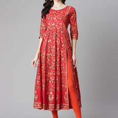 Poshak Hub Women Red Cotton Printed Anarkali Kurta.