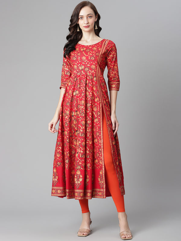 Poshak Hub Women Red Cotton Printed Anarkali Kurta.