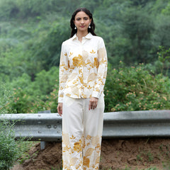 Women Beige Cotton Floral Printed Shirt & Wide Leg Trouser Co-Ord Set | Casual Botanical Print Co-Ord