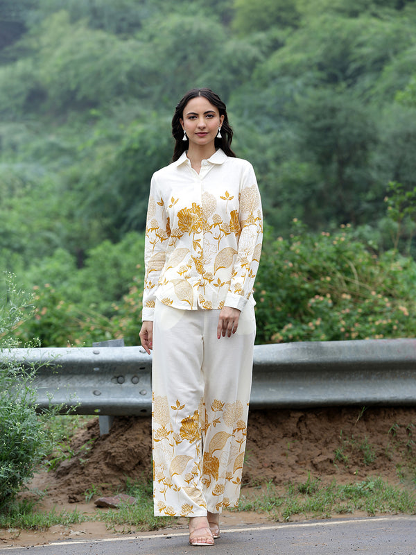 Women Beige Cotton Floral Printed Shirt & Wide Leg Trouser Co-Ord Set | Casual Botanical Print Co-Ord