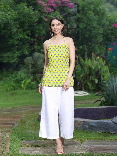 Women Yellow Ethnic Printed Halter Neck Tunic