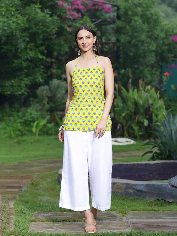 Women Yellow Ethnic Printed Halter Neck Tunic