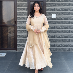 Ivory Embroidered Anarkali Suit Set with Sheer Dupatta
