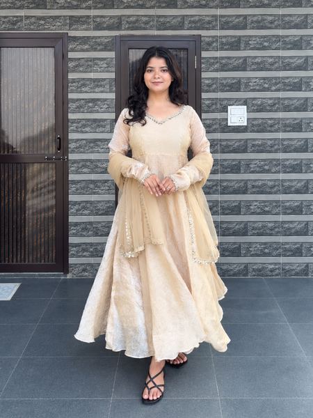 Ivory Embroidered Anarkali Suit Set with Sheer Dupatta