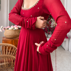 Ruby Red Embellished Anarkali Suit Set for Women