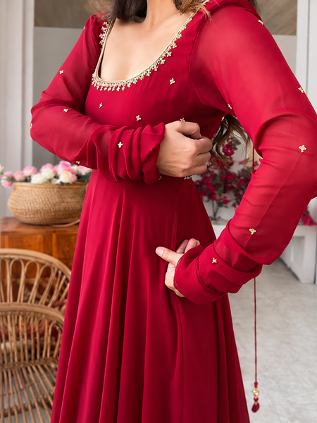 Ruby Maroon Embellished Anarkali Suit Set for Women