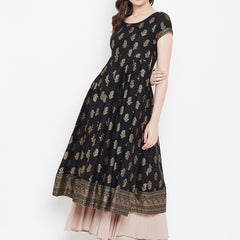 Poshak Hub Women Black Cotton Golden Printed Anarkali Kurta.
