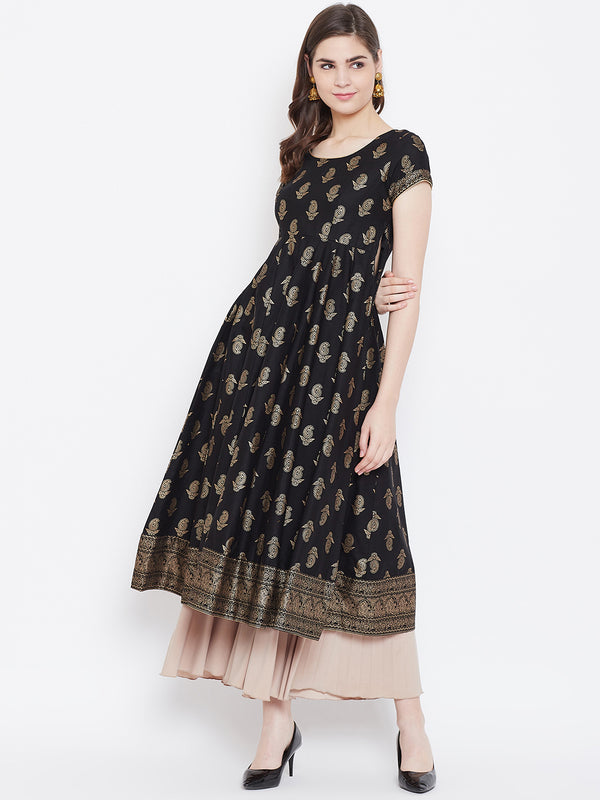 Poshak Hub Women Black Cotton Golden Printed Anarkali Kurta.