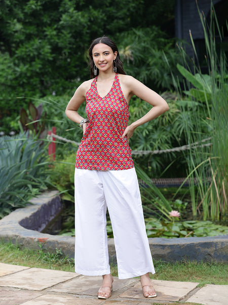 Women Pink Ethnic Printed Halter Neck Tunic