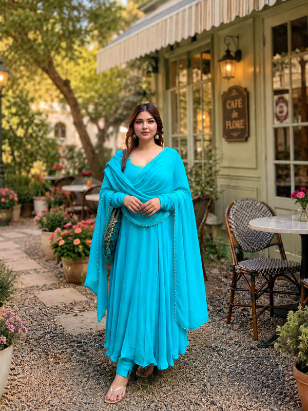 Turquoise Georgette Anarkali Suit Set with Dupatta