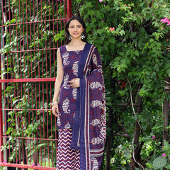 Women Navy Blue & Maroon Ethnic Motifs Printed Straight Kurta with Palazzo & Dupatta (Set of 3)