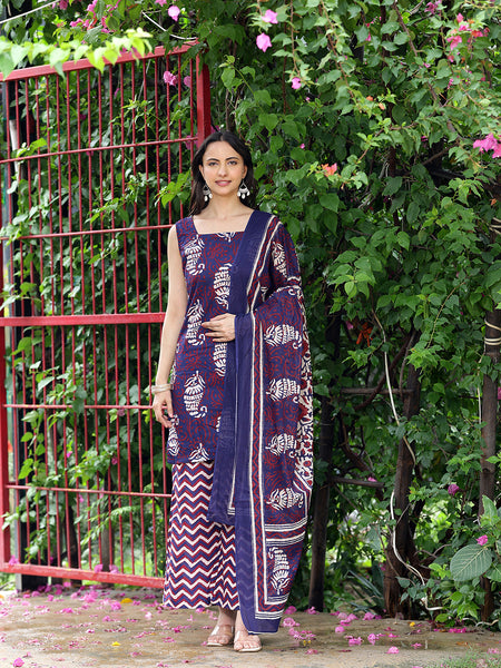 Women Navy Blue & Maroon Ethnic Motifs Printed Straight Kurta with Palazzo & Dupatta (Set of 3)